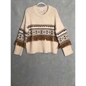 Driftwood Geometric 3D Tassel Pom-Pom Sweater Women's Large Cream NEW